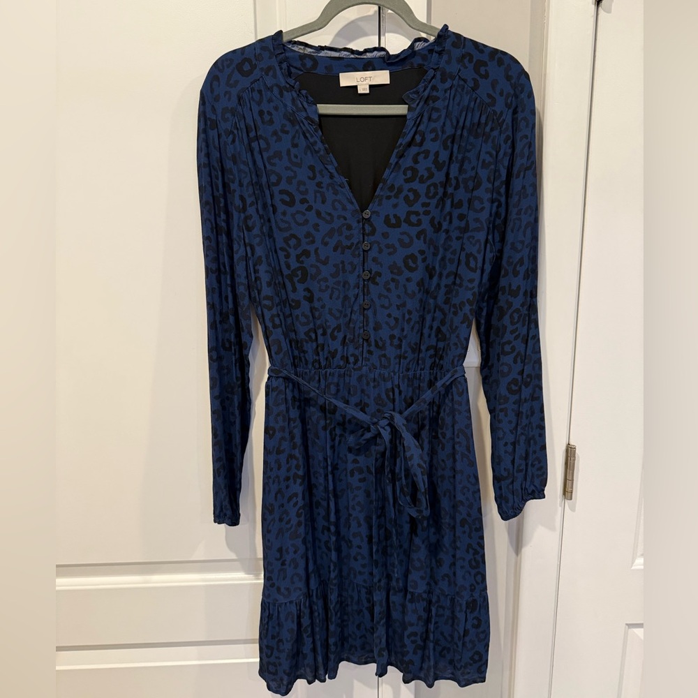 LOFT Royal Blue Leopard Print Long Sleeve Tie Waist Dress